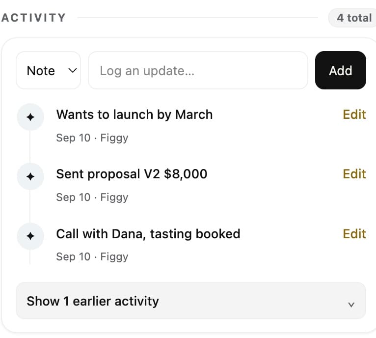 Activity log for Dana Reyes: tasting booked, proposal sent, wants to launch by March