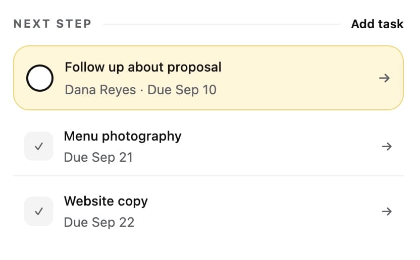 Next steps for Cedar Lane Coffee: follow up about the proposal, menu photography, website copy