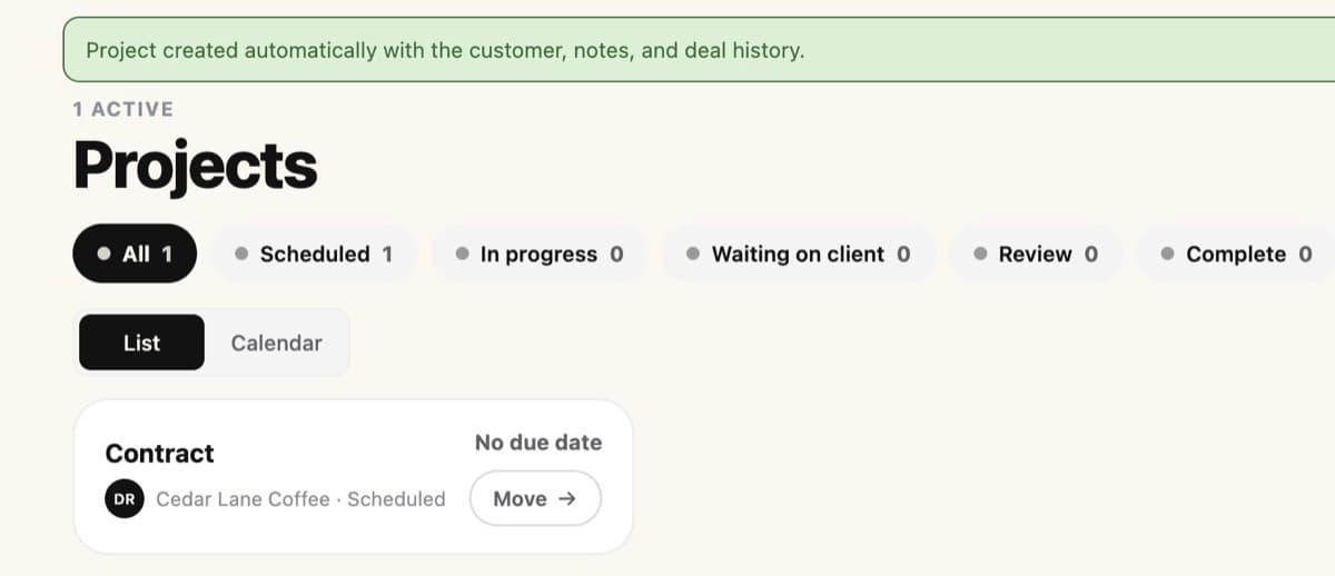 Projects board: Contract for Cedar Lane Coffee, created automatically with the customer, notes, and deal history